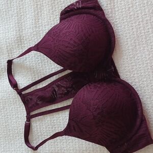 PINK VS Aubergine Lace Lightly Padded T-Strap Front Close Bra